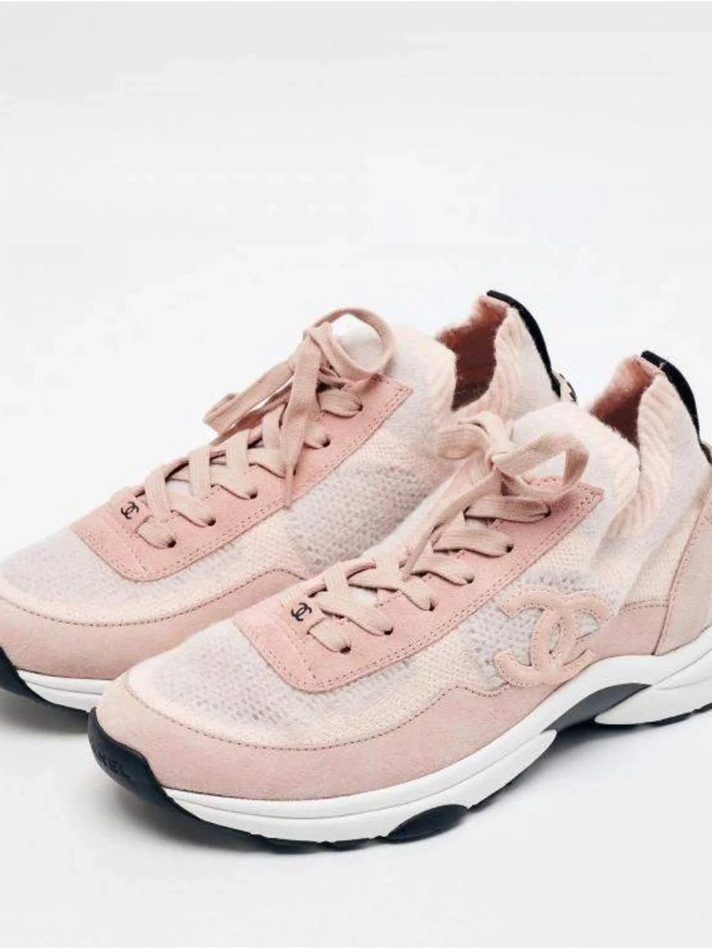 Chanel CC Size 39 Two Tone Knit Fabric and Suede Lace Up Sneakers